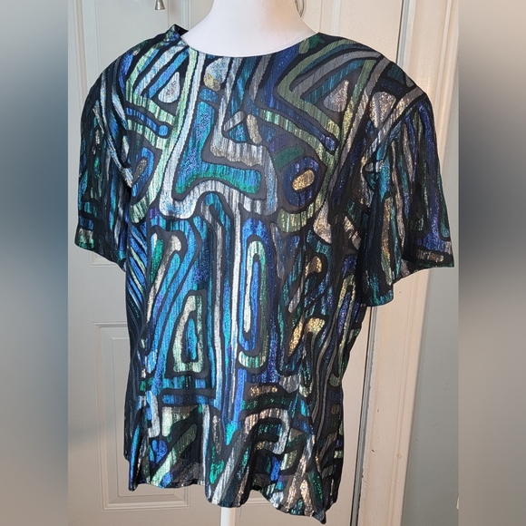 Dior Tops - Christian Dior 80s Vintg Semi Sheer Blouse Womens 14 Black Multi Metallic Retro